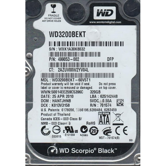 WD3200BEKT-60V5T1, DCM HANTJHNB, Western Digital 320GB SATA 2.5 Hard Drive
