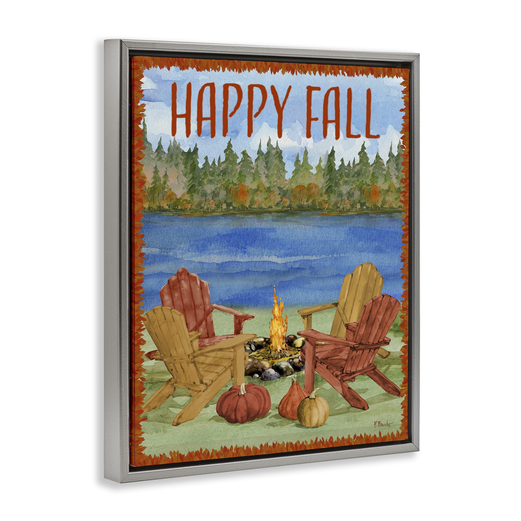 Stupell Industries Happy Fall Bonfire Holiday Painting Gray Floater Framed Art Print Wall Art, 25 x 31