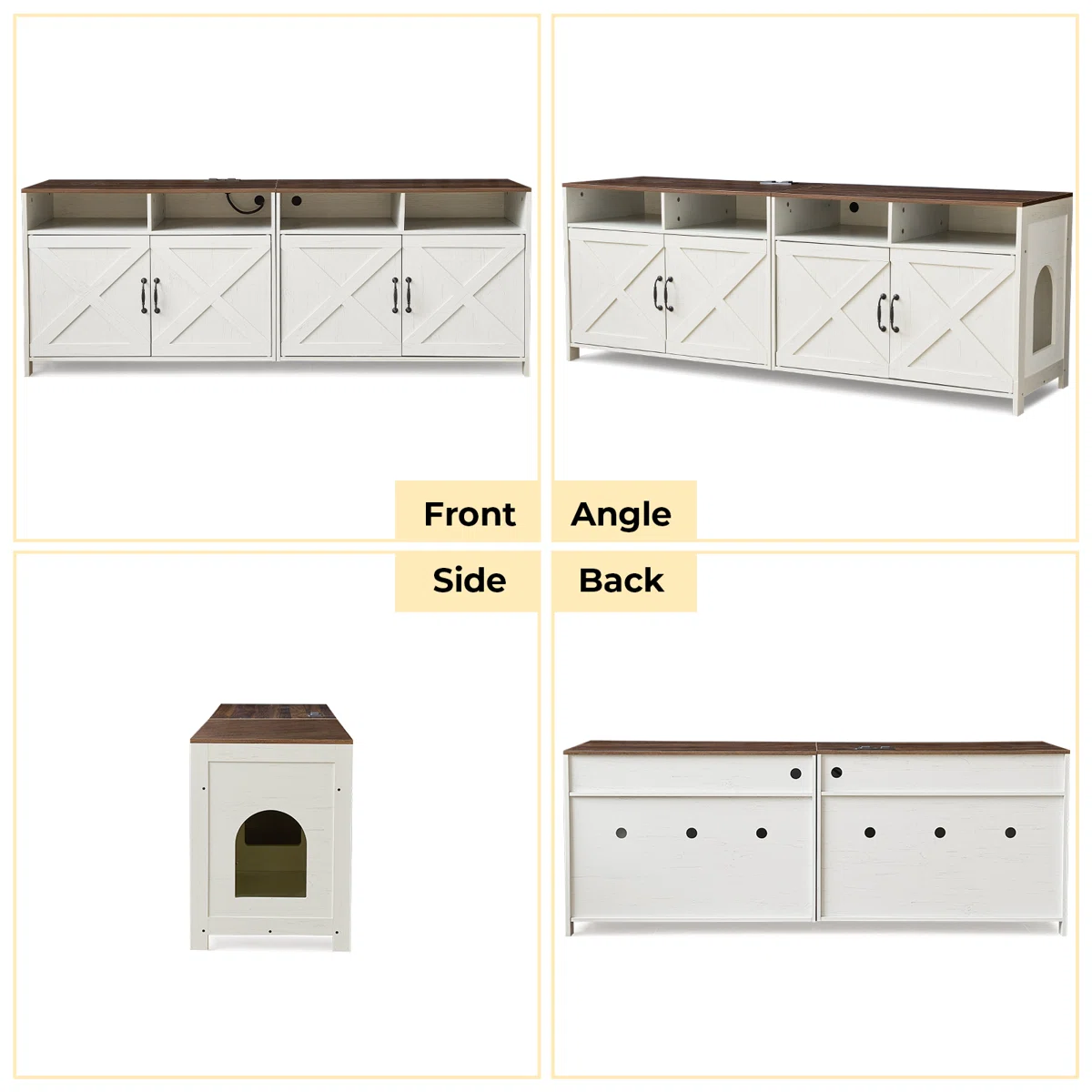 JanflyHome Hidden Litter Box Enclosure & 63"W TV Stand Furniture & Double Litter Box For 2 Cats, Farmhouse Inclosed Litter Boxes For Cats with Outlet Power