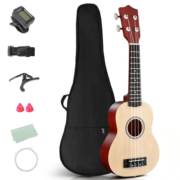 Ktaxon 21 Inch Ukulele for Beginner, Full Basswood Soprano Ukulele Starter Set with Strap, String, Tuner, Pick, Cloth, Natural Wood