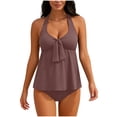 thumbnail image 2 of Hfnxid Tankini Swimsuits for Women Two PieceHalter Tummy Control Bathing Suit Tie Front V Neck Padded Swimwear Top With High Waisted Bottom Brown XXL, 2 of 9