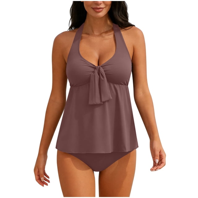 Conjunto de Bikini de Cintura Alta para Mujeres Tankini de Color Sólido con Cojín de Pecho sin Acero Traje de Baño sin Espalda Y Pantalones de Baño Conjunto Dividido
