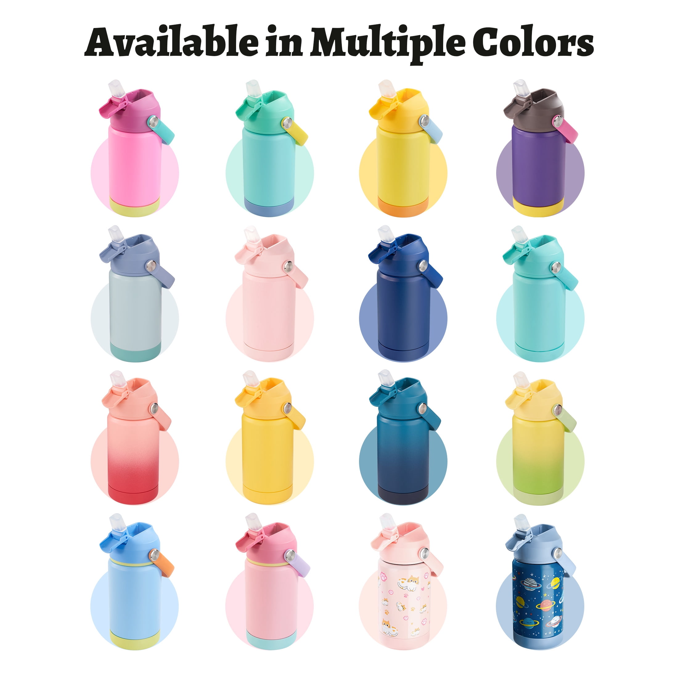 Hawsaiy 12oz Kids Stainless Steel Insulated Water Bottles, 4-Pack, BPA-Free, with Straw and Handle