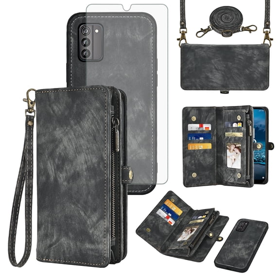 Asuwish Phone Case for Nokia G100 Zipper Wallet Detachable Purse Mobile Folio Cell Cover with Tempered Glass Screen Protector Crossbody Lanyard Strap Flip Card Holder Slot None Women Men Girls Black