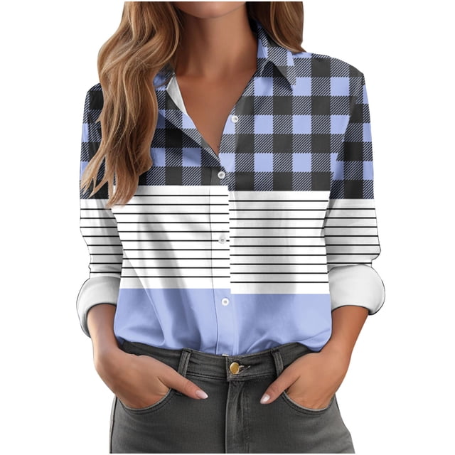 Lovzfmll Women's Long Sleeve Blouse, All-Over Print Button-Down Collar Loose Light Blue, M