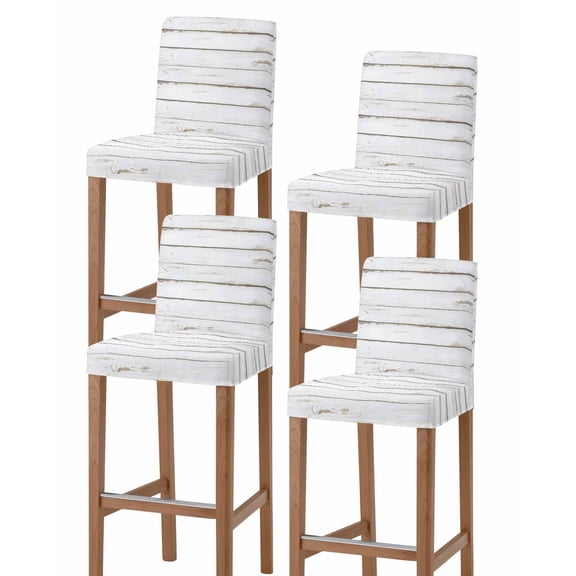 White Wood Grain Bar Stool Covers Set of 4, Vintage Farmhouse Wooden Board Stretch Washable Bar Chair Covers with Backs, Removable Pub Counter Height Chair Cover for Kitchen Dining Room Cafe