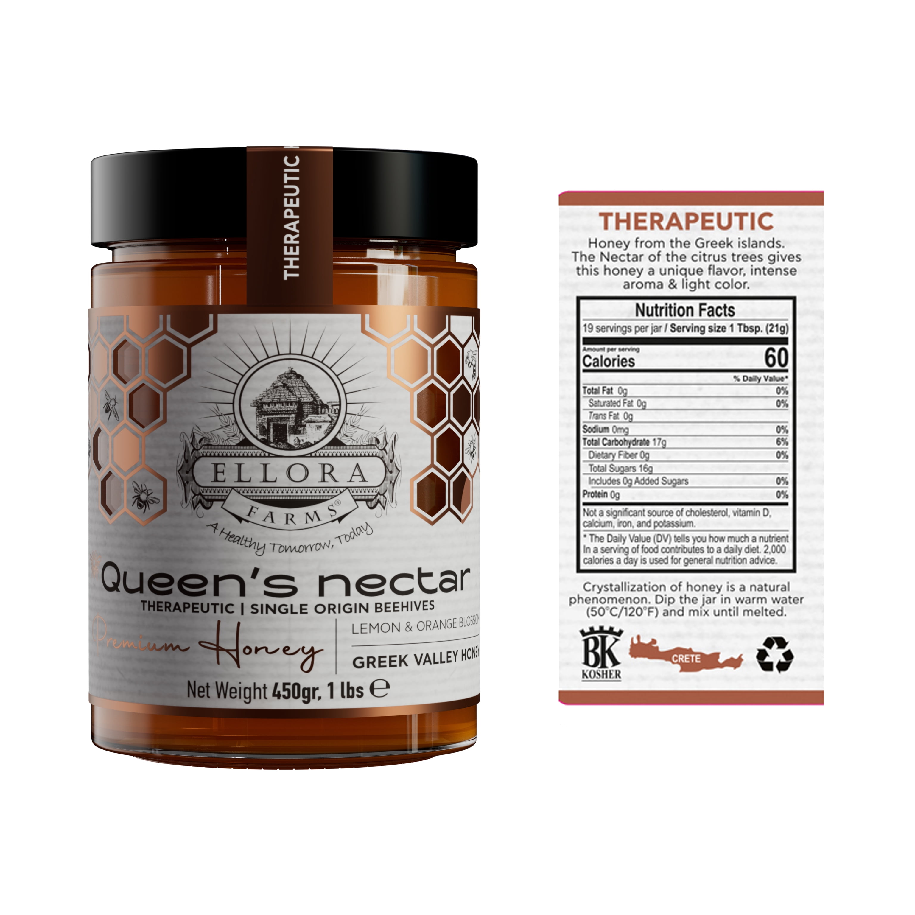Ellora Farms Queens Nectar Gift of Honey, Raw & Unfiltered Superfood, Orange Blossom Honey, 450 Gram Glass Jar