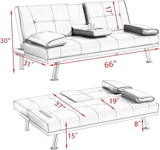 Futon Sofa Bed, Modern Faux Leather Sofa Couch with Convertible Backrest,Sleeper Sofa Couch Filled with Memory Foam for Living Room,Apartment,Bedroom