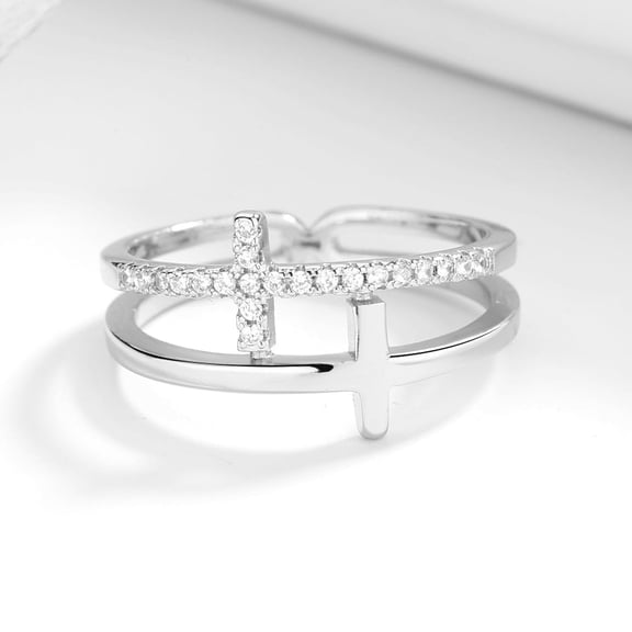 18k White Gold Plated Sideways Cross Ring with Crystals