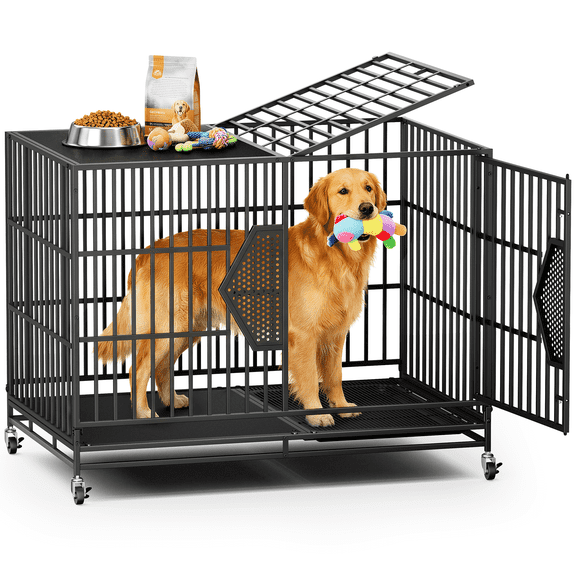 CAMMOO 48 Inch Heavy Duty Dog Crate with 360° Swivel Caster Wheels, Chew Proof Reinforced Square Tube Dog Kennel, Large Indoor Dog Cage with Easy Clean Floor