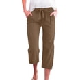 thumbnail image 2 of Wide Leg Cropped Pants for Women Summer High Waist Linen Capri Pants Drawstring Baggy Lightweight Pockets Beach Pant Brown S, 2 of 8