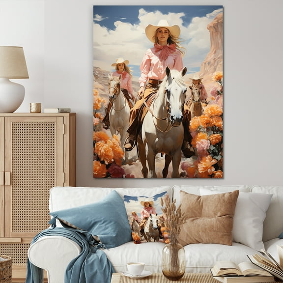 Designart "Cowgirl Nevada Procession" People Canvas Wall Art - Southwestern White Cowboys Hallway Wall Art Decor