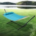 thumbnail image 6 of Hammock with Stand, 2 Person Quilted Outdoor Hammock, Detachable Pillow & Bamboo Spreaders, Portable Hammock with Carrying Bag, Heavy Duty Stand, Perfect for Outside, Patio, Aqua Blue, 6 of 17