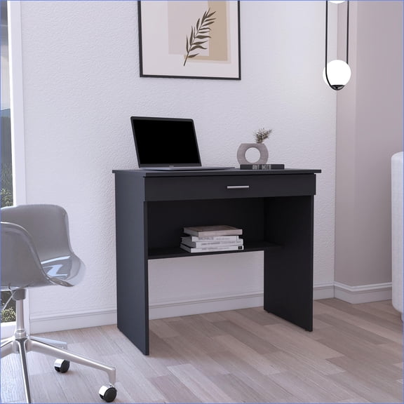 Desks, Compact Writing Workstation with Drawer & Lower Shelf | Black | Engineered Wood