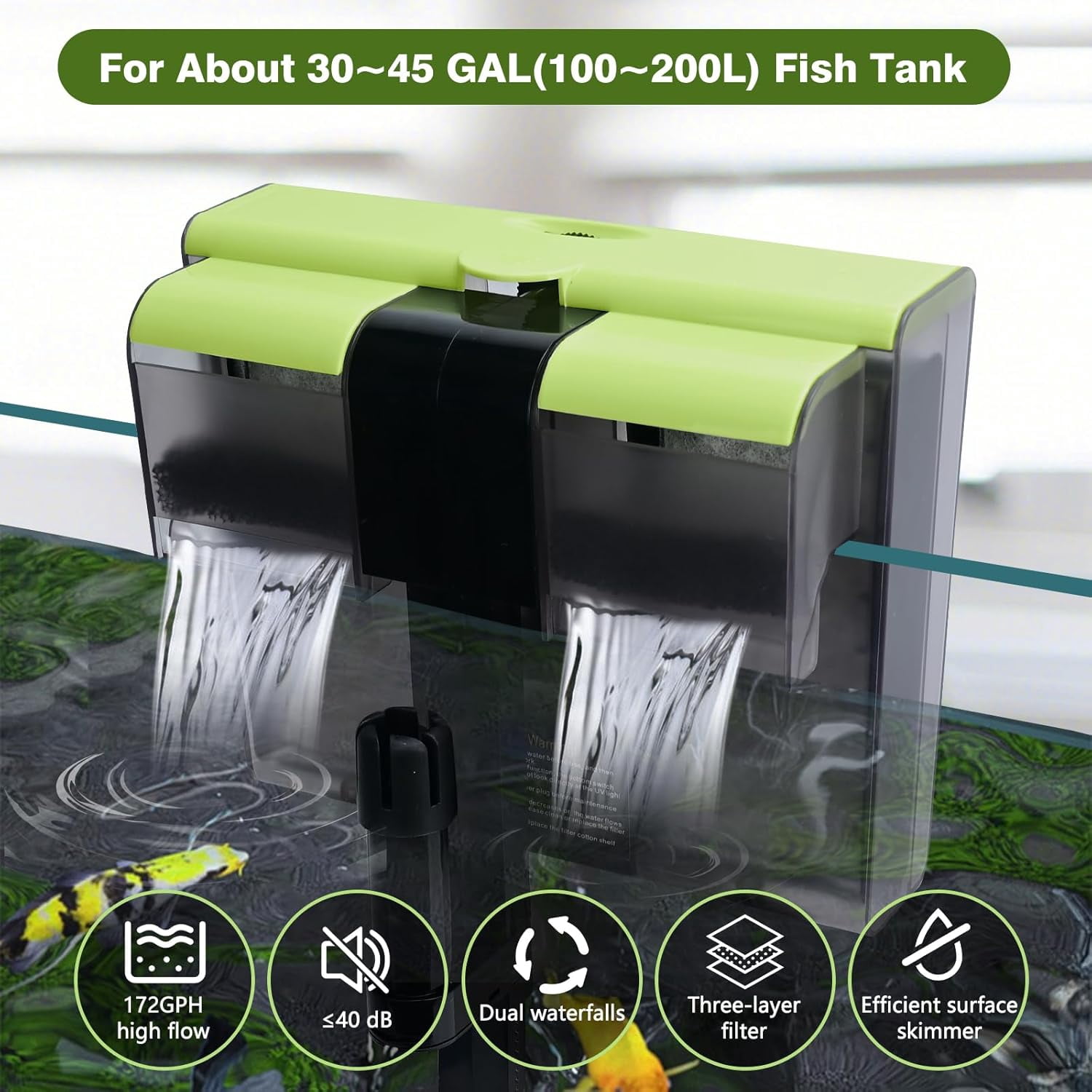 30-50 Gallon Aquariums Power Filter with Surface Skimmer, Lychee External Quiet Fish Tank Filter, Hang on Back Filter, Biochemical Cotton Filtration & Adjustable Water Flow, Dual Waterfall Design