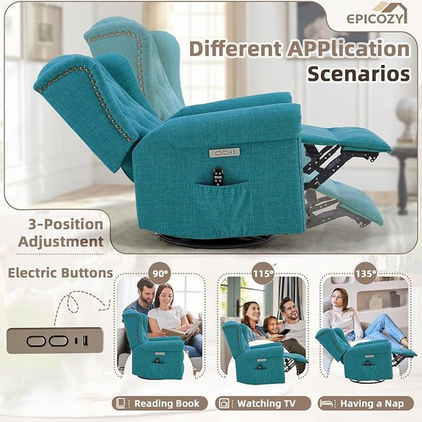 EPICOZY Power Swivel Rocking Glider Recliner Chair with Massage and Heat, Electric Nursery Glider Rocker for Living Room, Wingback Tufted Upholstered Recliner Chair with Type-C & USB Ports, Teal
