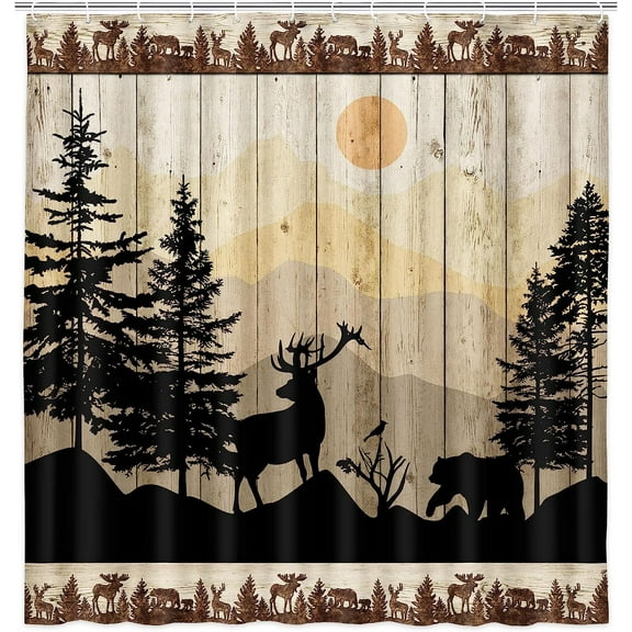 Cabin Shower Curtain, Rustic Shower Curtain Set, Cute Bear Deer Forest Print on Country Farmhouse Lodge Wooden Board Cloth Shower Curtains Bathroom Accessories with 12 Hooks, Tan Brown, 72X72in