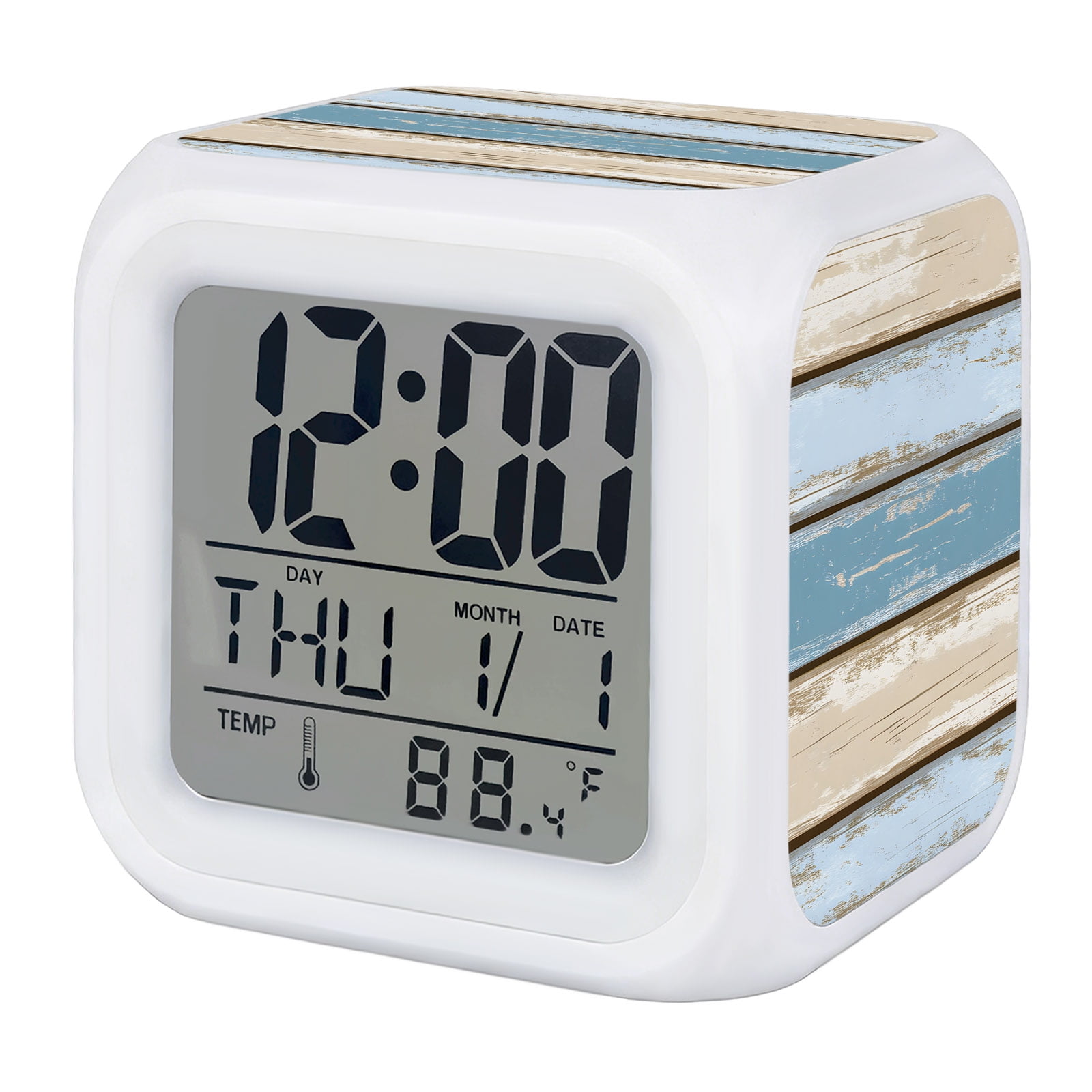 Retro Wood Grain Alarm Clock, Blue Beige Board Farmhouse Countryside Digital Clock Night Light with 7 Color, Calendar Temperature Display, LED Desk Small Clock for Bedrooms Bedside Living Room