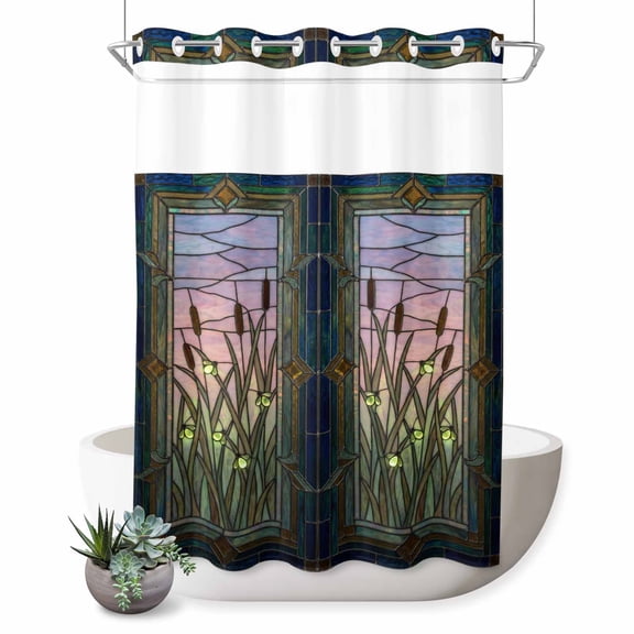 No Hook Shower Curtain, Stained Glass Shower Curtains for Bathroom with See Through Top Window, Vintage Abstract Botanical Plant Waterproof & Washable Bath Curtain Extra Long 72"x96"