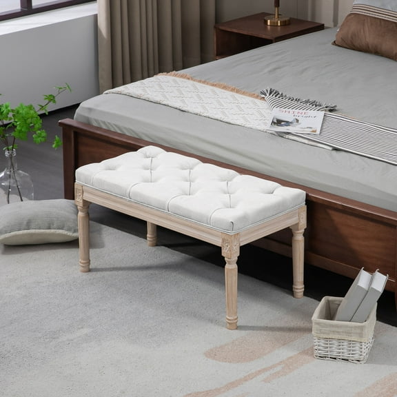 HOMCOM 32" Small End of Bed Bench, Upholstered Wood Bedroom Bench for Foot of Bed, Cream White