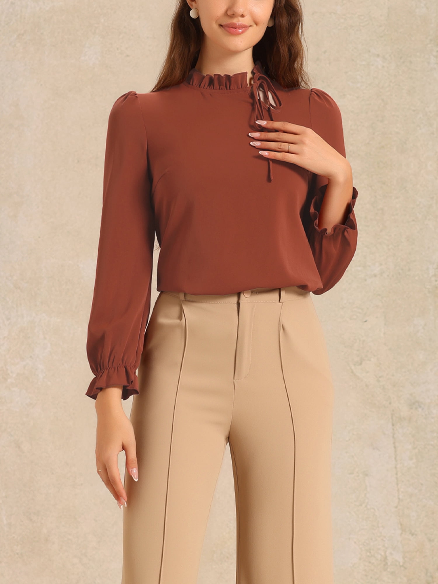 DARING DIVA Women's Spring Blouse Long Sleeve Ruffle Tie Neck Business Top M Caramel