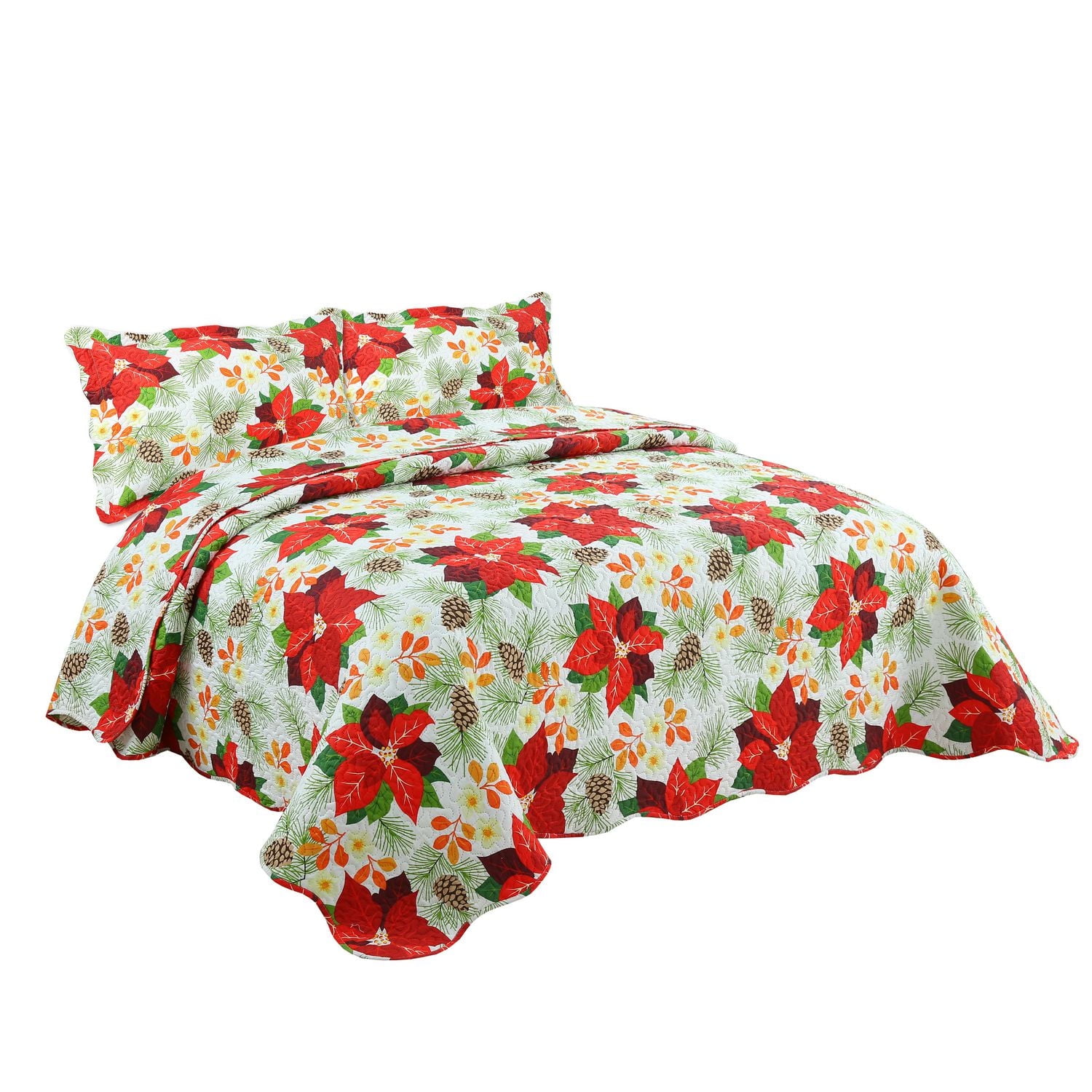 Marina Decoration Rich Printed Embossed Pinsonic Coverlet Bedspread Ultra Soft Bedding Summer Christmas Quilt Set with Shams, Red Poinsettia White Base Pattern