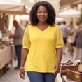 thumbnail image 2 of Agnes Orinda Women's Plus Size Tops V Neck Swiss Dots Puff Sleeve Casual Blouses Tee 1X Yellow, 2 of 6