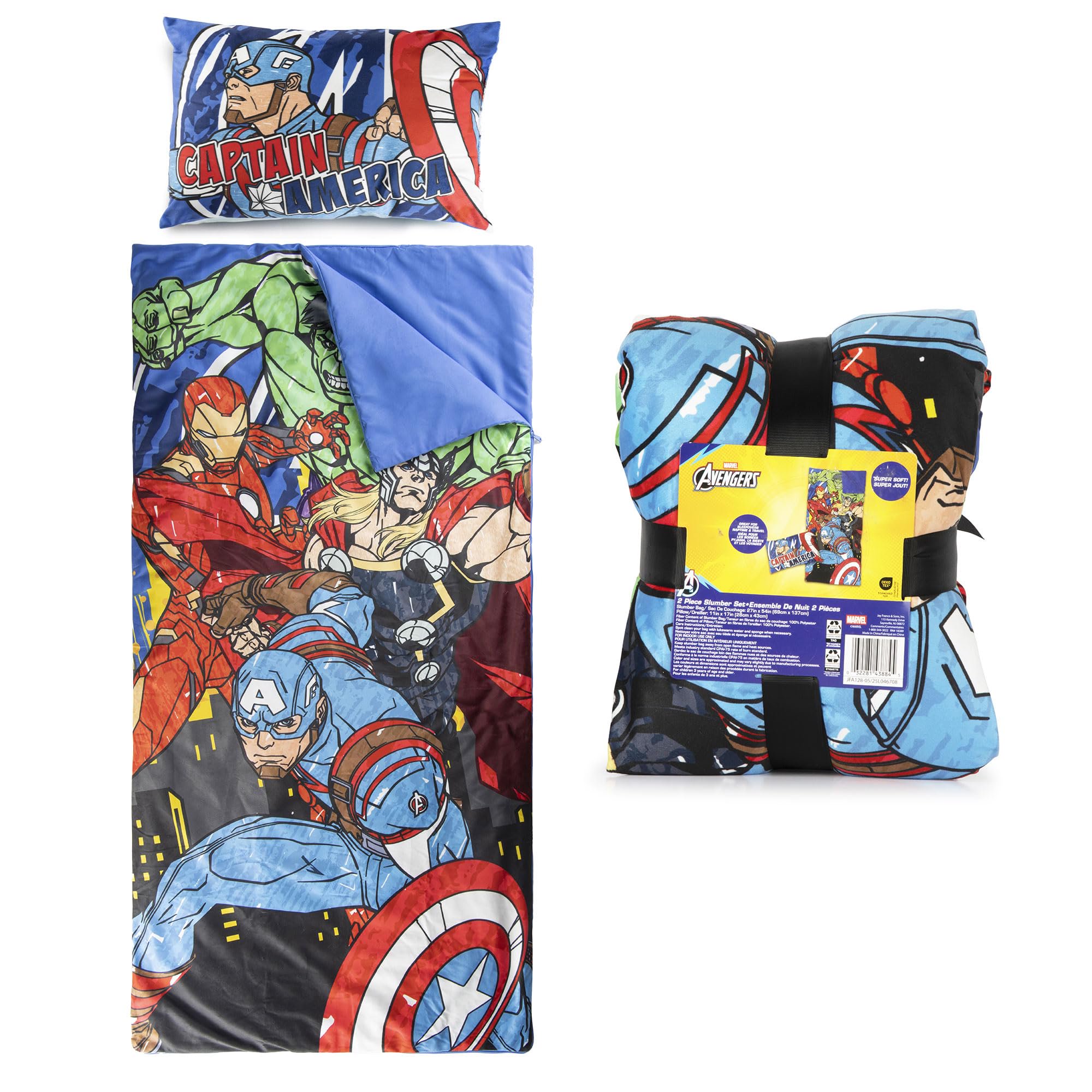 Jay Franco Kids Slumber Bag and Pillow - 54 x 27 Inch Comfy Indoor Sleeping Bag for School and Sleepovers, 2 Piece Set, Blue - Avengers
