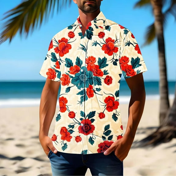 JXMVOJ Men's Hawaii Print Button-Up Casual Shirt, Lightweight Polyester Summer Tops for Outdoor, Party, Wedding, Daily Casual Wear