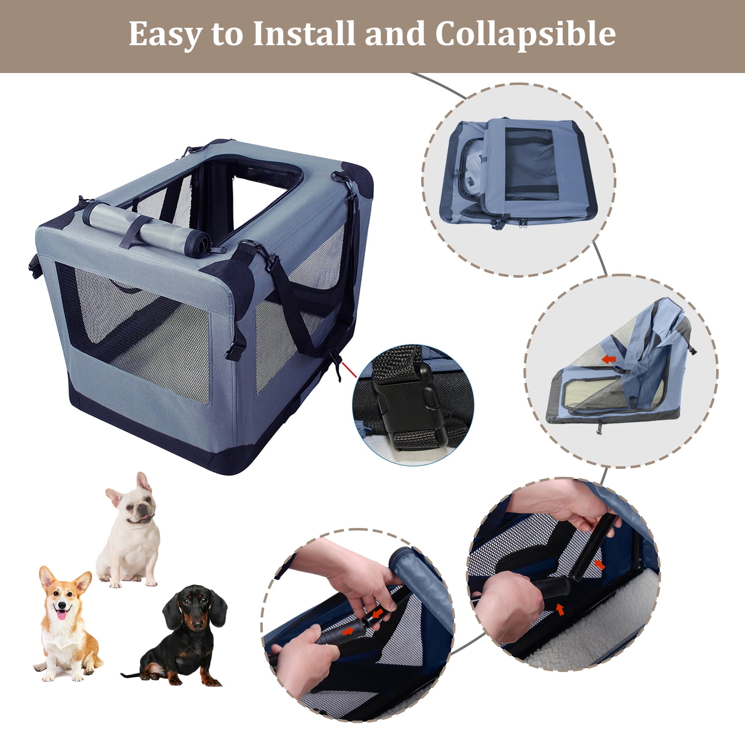 ZAKAPAWS Collapsible Soft Dog Crate, Portable 3 Door Dog Kennel, Travel Pet Crate Carrier for Indoor and Outdoor (26" L x 20" W x 20" H, Grey)