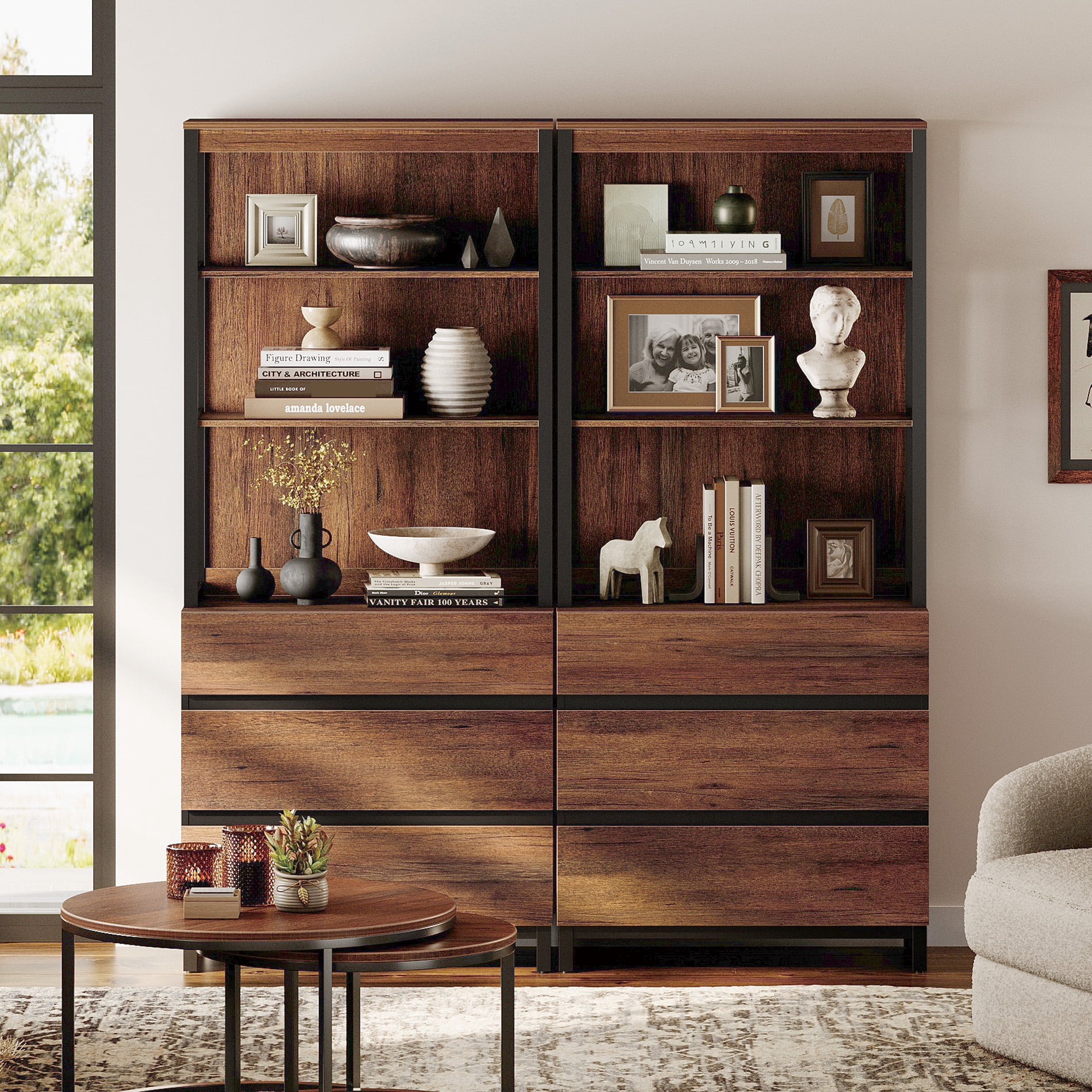 WAMPAT 2 PCS Modern 72" Tall Bookcase with 6 Drawers and Open Book Shelfs, Library Book Shelf with Storage Cabinet and Metal Base, Wood Freestanding Bookshelves for Home Office, Living Room, Brown