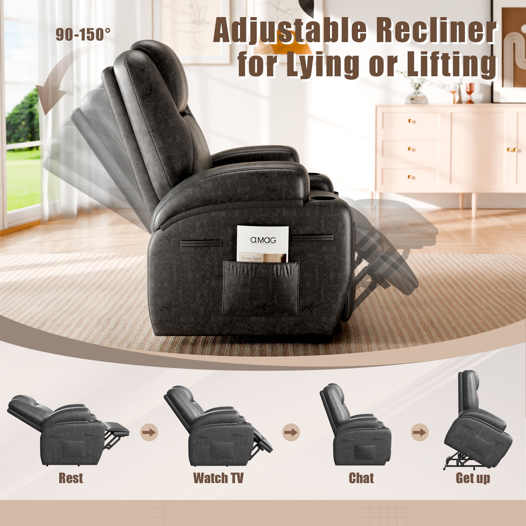 Homall Power Lift Recliner with Massage Function for Elderly,Ergonomic Recliner Chairfor Living Room,Heavy Duty Leathaire Single Sofa with 2 Cup Holder for Bedroom Home Theater,Black