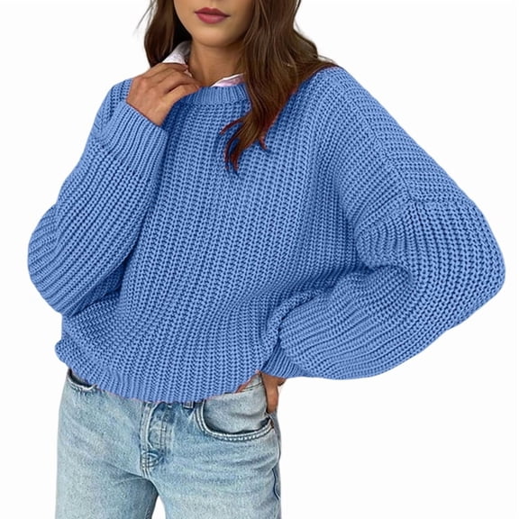 Womens Sweaters Fall Oversized Chunky Knitted Pullover Sweater Casual Long Sleeve Crewneck Cute Sweaters Blue L