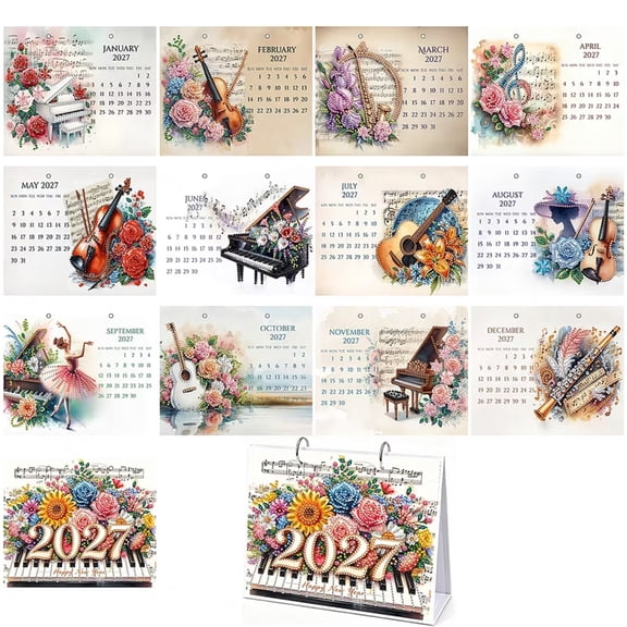 2027 Diamond Art Wall Calendar, 12 Monthly Floral Instrument, DIY Diamond Painting Hanging Calendar Jan-Dec 2027, Spiral Binding Wall Calendars Planner for Home Office