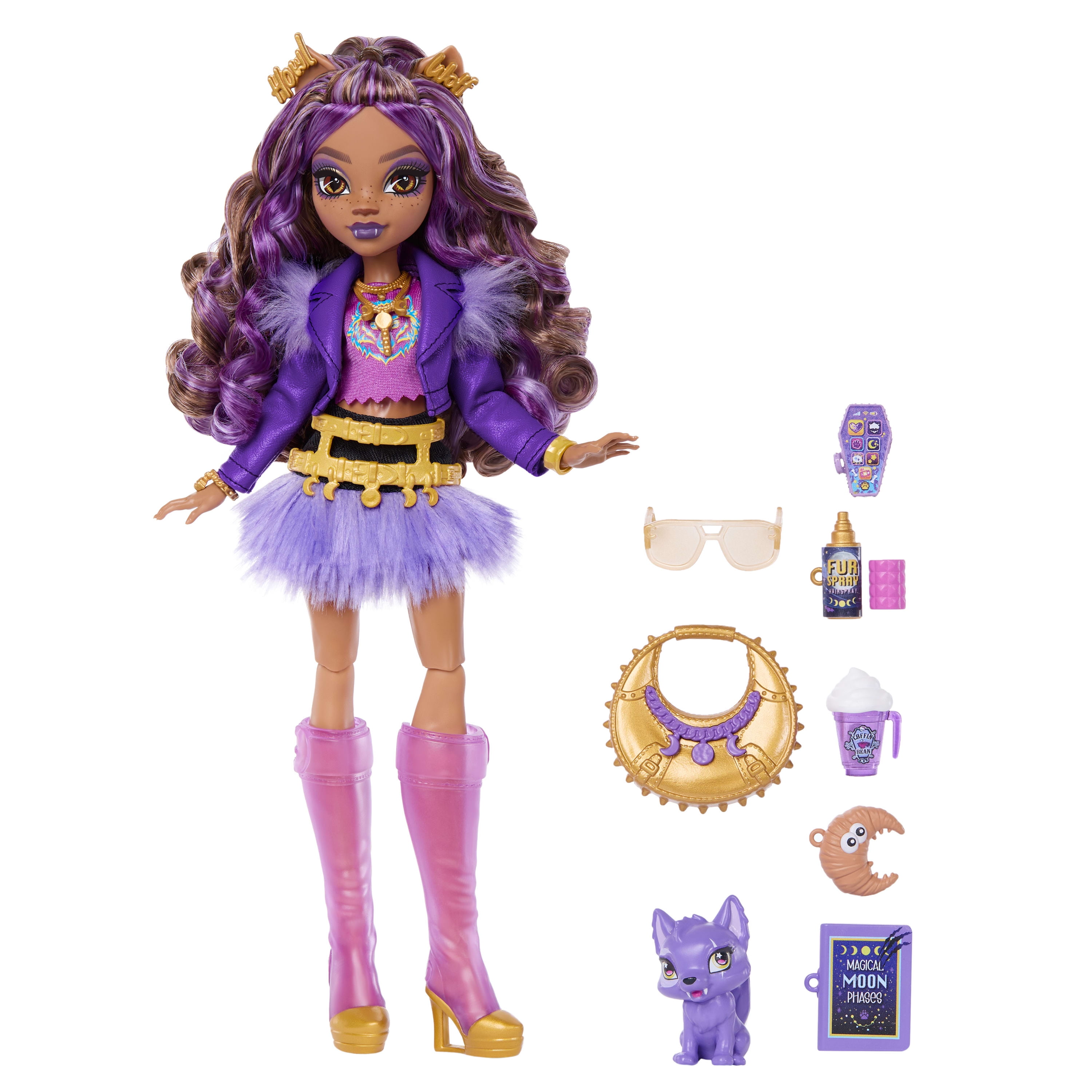 Monster High Clawdeen Wolf Fashion Doll in Furry Skirt with Pet Crescent and 7 Accessories