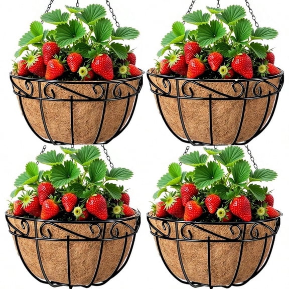 4 Pack 14 Inch Metal Hanging Baskets Planter Outdoor Round Wire Hanging Basket For Plants With Coco Fiber Liners Chain Plant Holder For Garden Patio Deck Porch Plants Vegetables Flower Pots