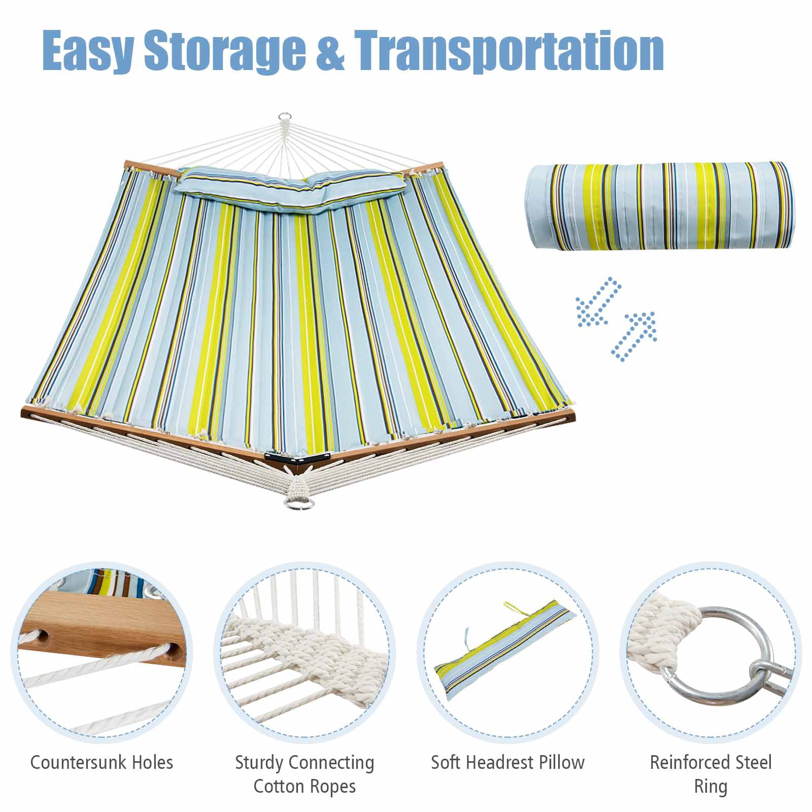 Patiojoy Portable Hammock W/ Spreader Bars & Detachable Pillow Quick Dry & Water Proof Material Hand Woven Cotton Rope Light Blue + Yellow