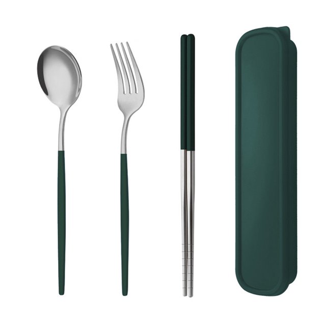 Juego de cubiertos portátil de 3 piezas, palillos, tenedor y cuchara con estuche de viaje