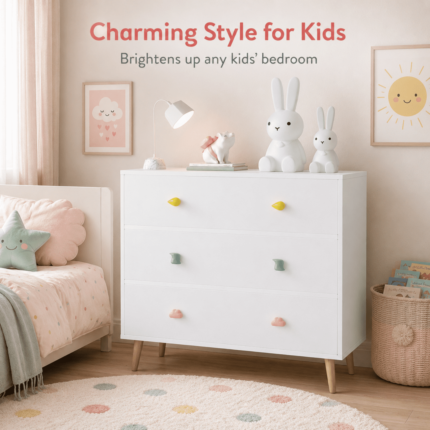 Miniyam Drawer Dresser with Glides & Safety Design for Kids Bedroom, White