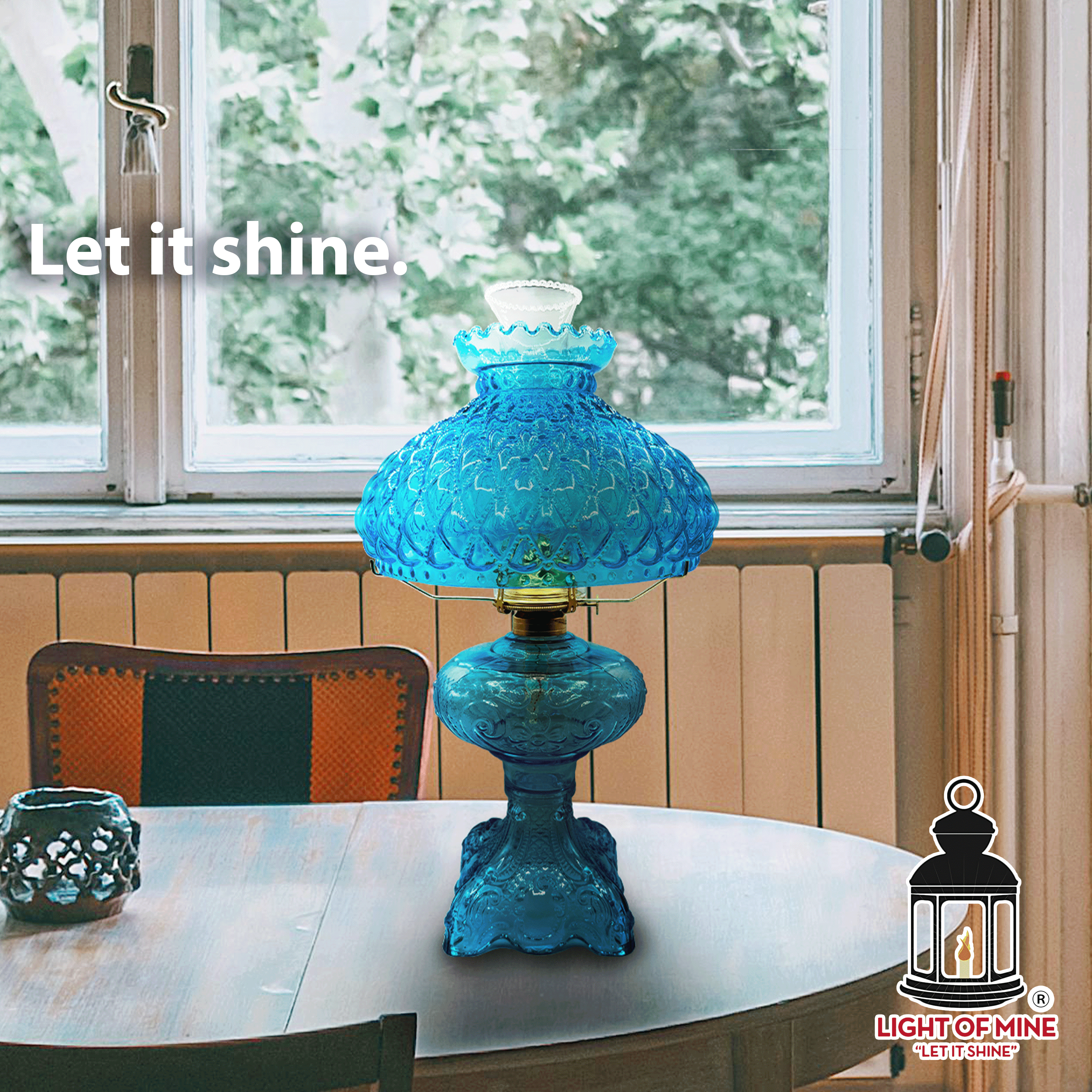 Light Of Mine Princess Feather Oil Lamp Ornate Decorative Antique Pedestal Style Glass Oil Hurricane Lamp Clear with 3/4" Wick roll Lt Blue 10" Shade