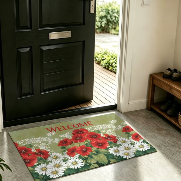 Front Door Mat Indoor Outdoor Welcome Words Red Flower Non-Slip Doormat Low Profile Patio Porch Entryway Rug 16x24in Retro Floral on Green
