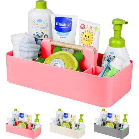 Baby Shower Caddy Plastic Nursery Portable Storage Organizer Caddy Tote for Child/Kids Divided Basket Bin with Wood Handle for Bathroom Dorm Room Holds Hand Soap Bottles Spoons (Pink)