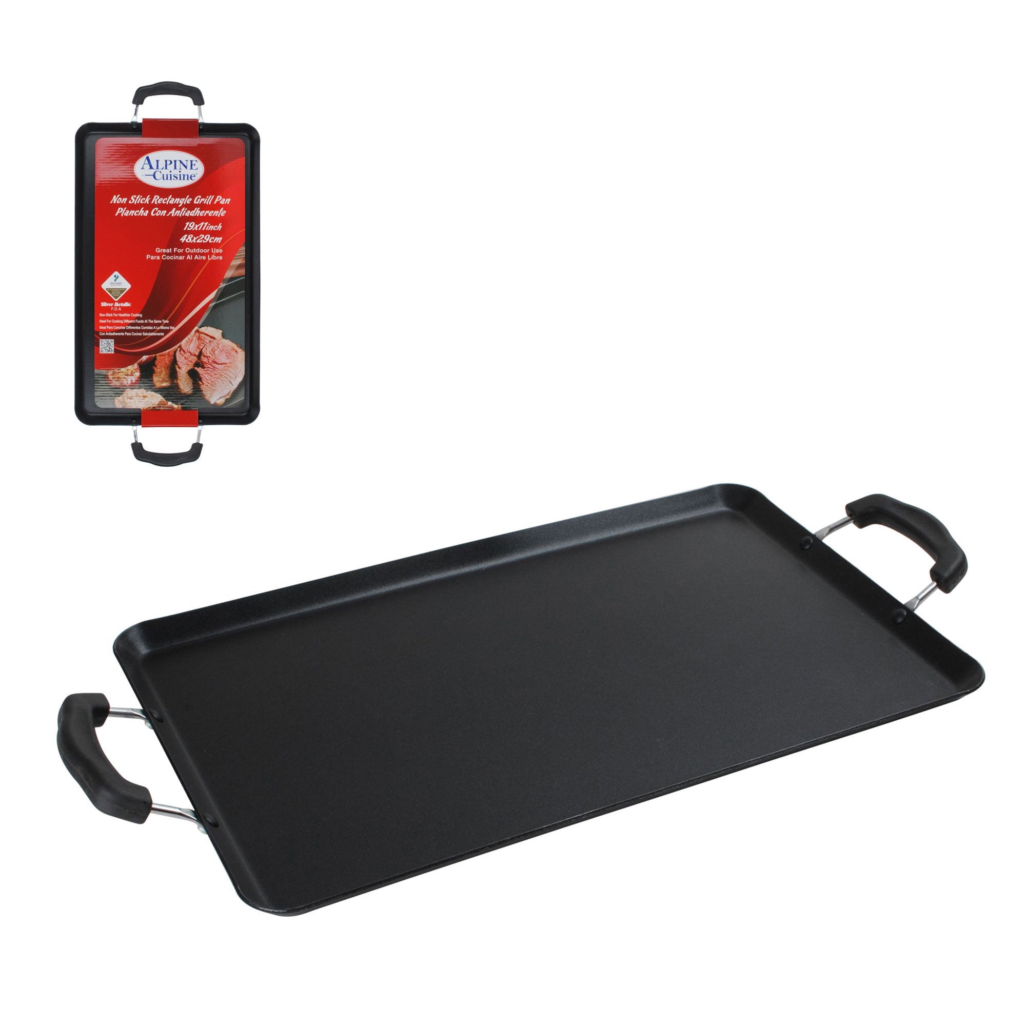Alpine Cuisine Aluminum Griddle Pan 19x11in | Nonstick Coating & Heat Resistant | Gas Stove Griddle for Cookware with Double Handle - Ideal for BBQ & Serving Pancakes, Hand Wash - Gray