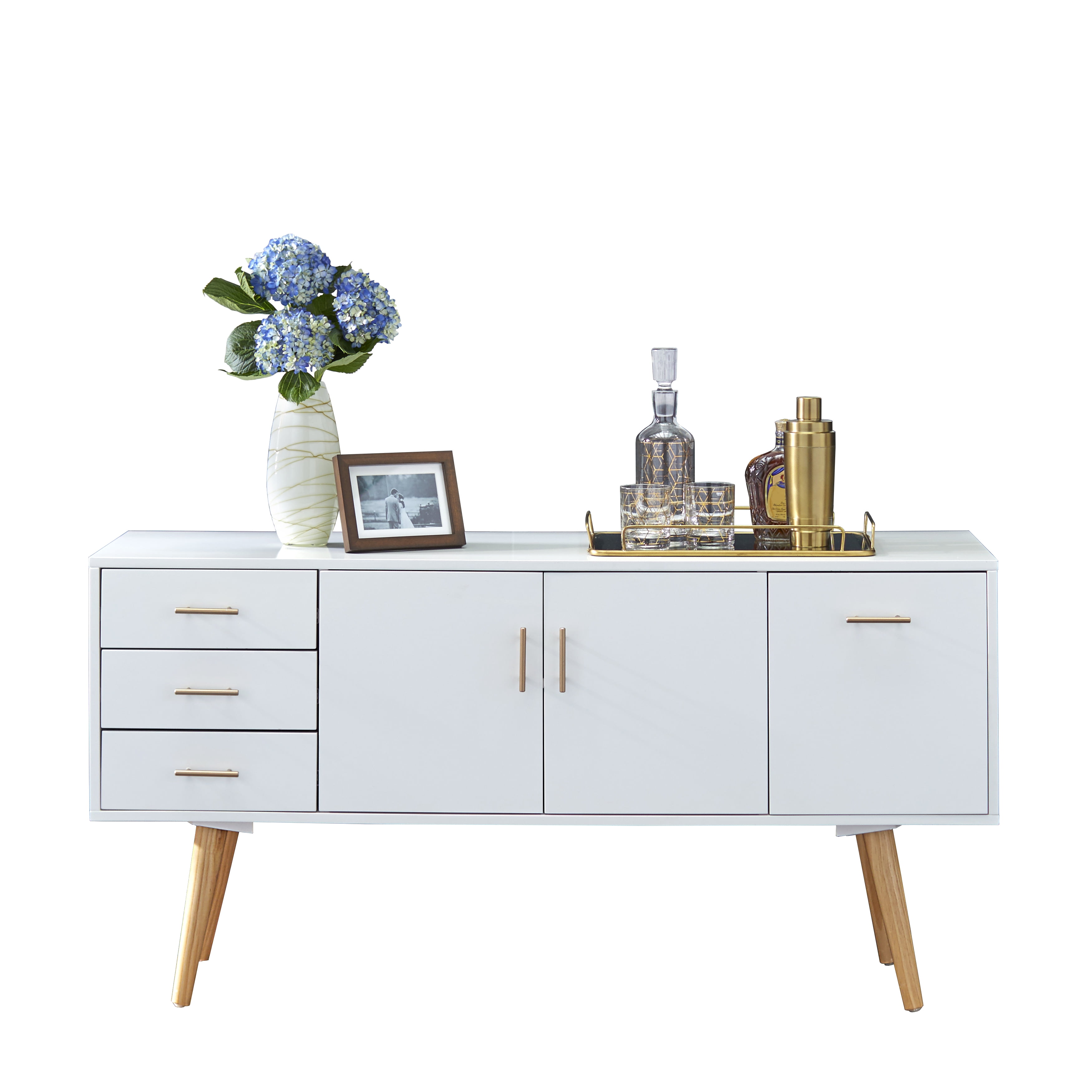 TMS Maura Mid-Century Modern 56” Wide Dining Room Sideboard Buffet, White Finish