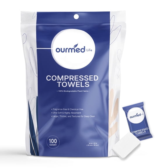 Ourmed Life Compressed Towel Tablets, 100 Counts Large Size 10"x12" Expandable Washcloths for Travel and Camping