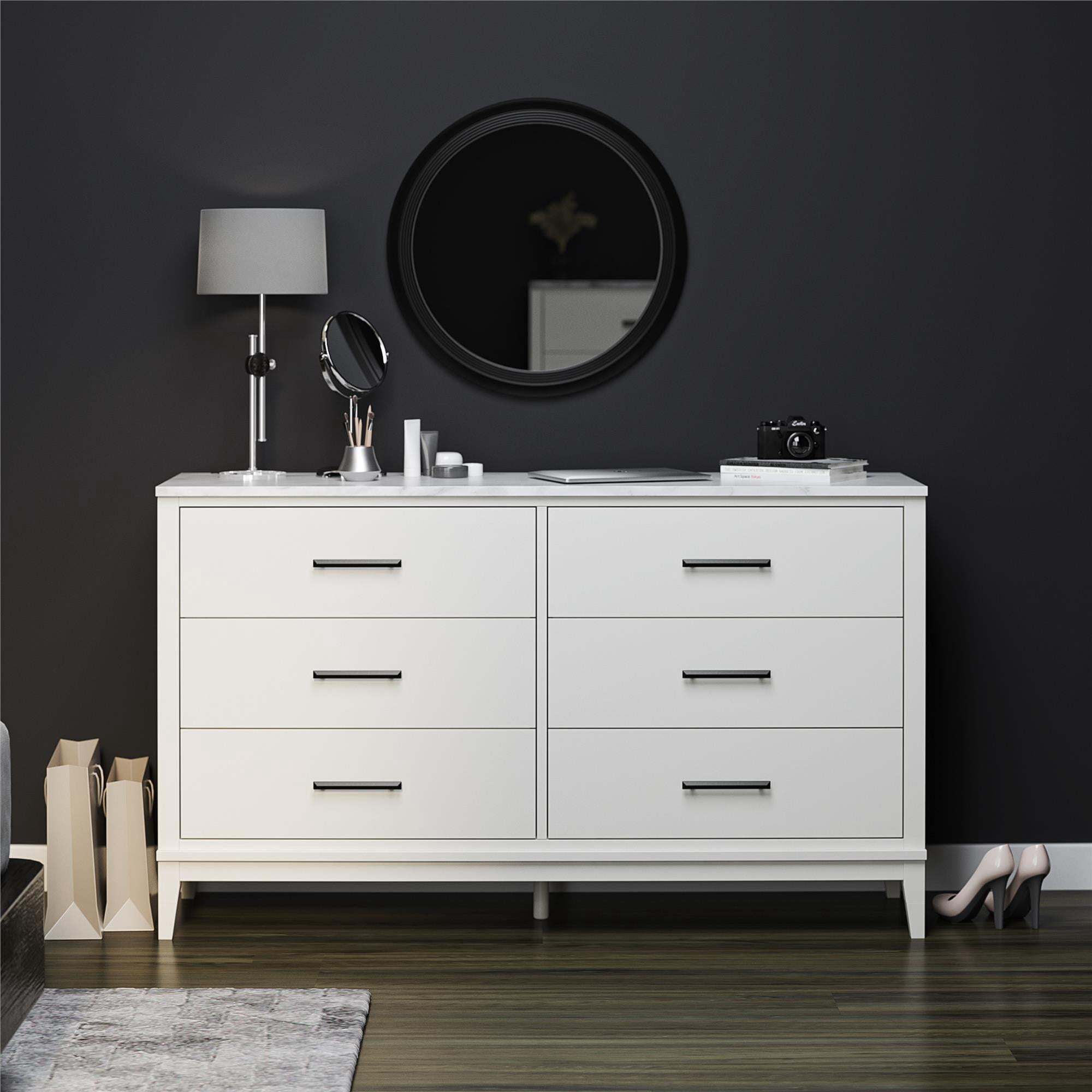 Ameriwood Home Amberleigh Wide 6 Drawer Dresser, White w/ White Faux Marble Top