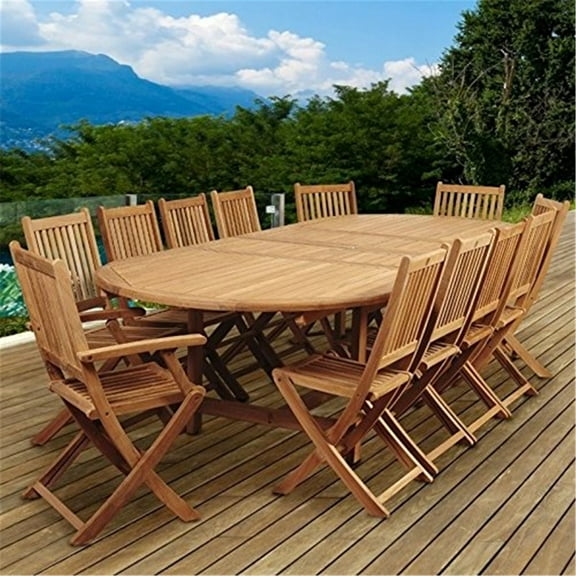 Highland Park 13 Piece Teak Patio Dining Set With Folding Chairs And 87 X 47 Inch Oval Extension Table By Amazonia