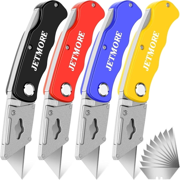 4 Pack Folding Utility Knife Box Cutter Tube Cutters with Extra 10Pcs Blades Cutters for Home Office Warehouse Durable Razor Knife Box Knife Box Opener Box Cutter with Clip Navajas de Trabajo