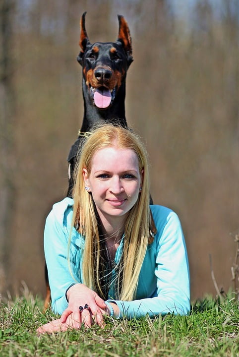 Hug Doberman Love Blonde Woman Friendship Dog-12 Inch BY 18 Inch