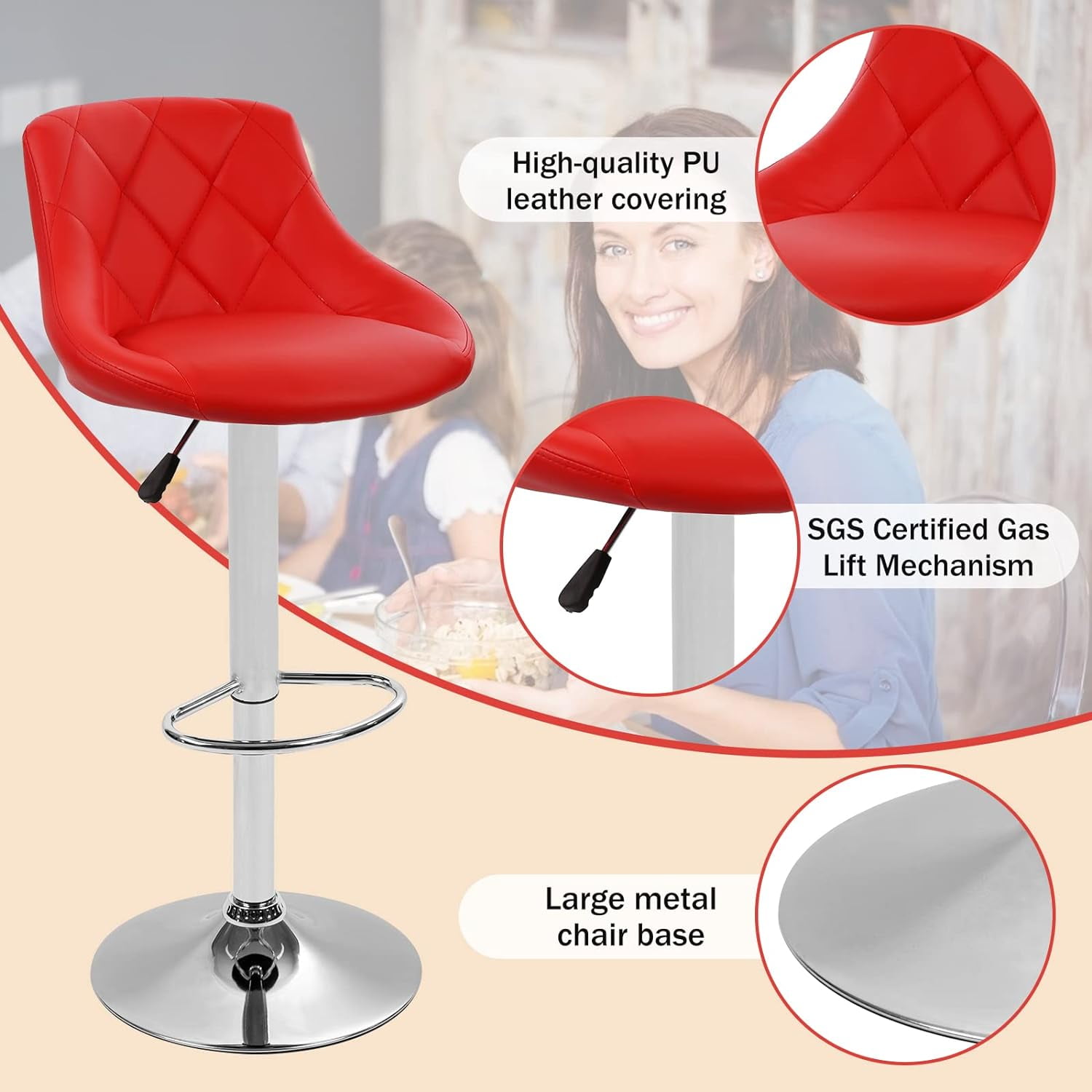 Modern Bar Stools Set of 2 Counter Height Adjustable Bar Chairs with Back and Chrome Base PU Leather Barstools Island Chairs for Kitchen Living Room Pub Swivel Bar Stools (Red)